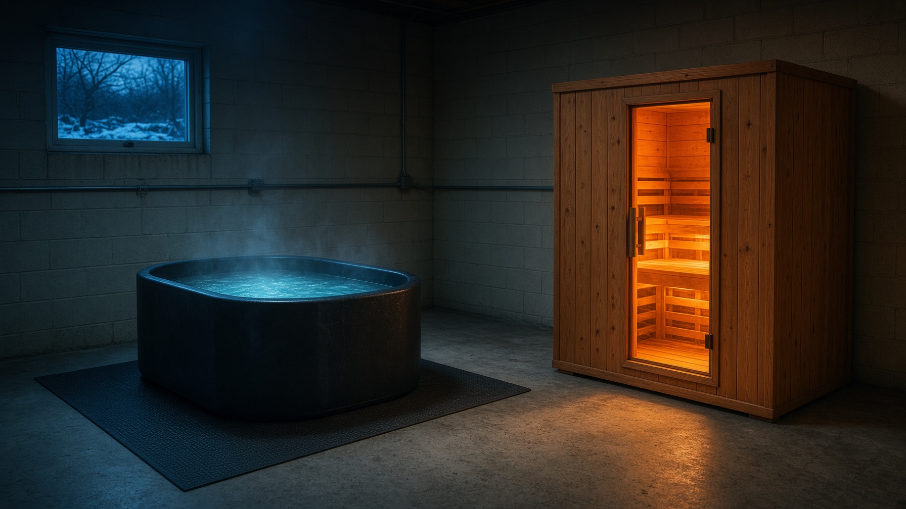 Garage cold plunge beside a glowing infrared cabin